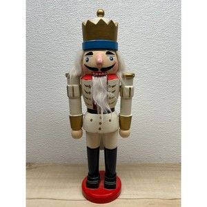 Vintage Prince Soldiar Nutcracker Solid Wood White/Gold Uniform Christmas Decor
